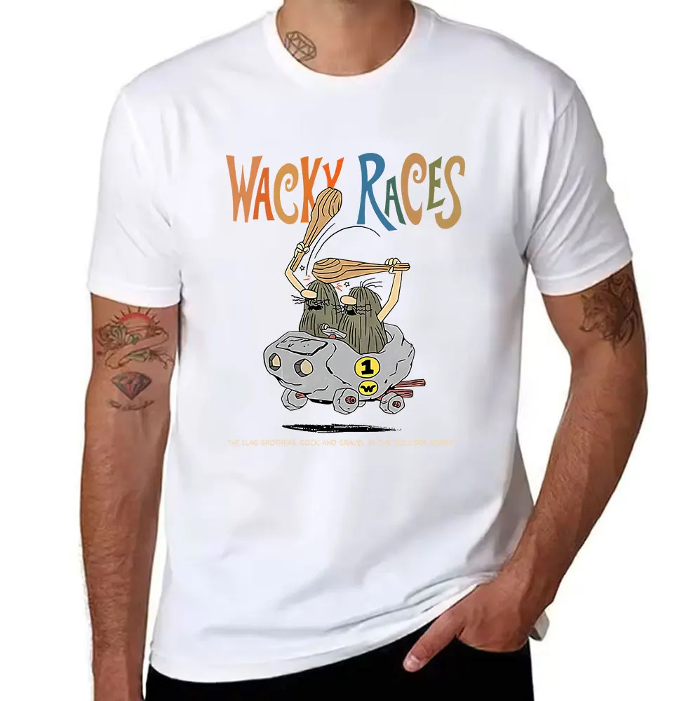 Men's Cotton T-Shirt Wacky Races Slag Brothers Boulder Mobile Print Retro Cartoon Tee