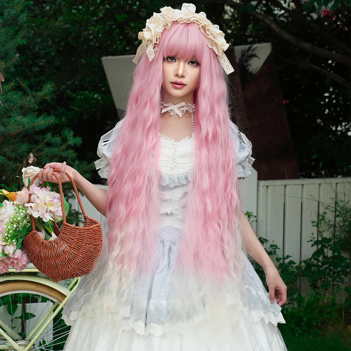 

Extra Long Sakura Pink Bangs Synthetic Wig Women's Halloween Dress Up Wig Curly Hair Party Cosplay Heat Resistant Wig 44 Inch