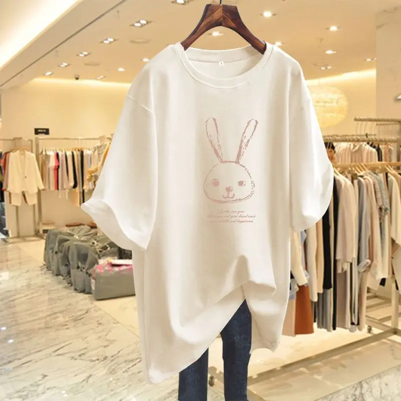 

Summer Chic Cartoon Printed Casual Loose Simple Pullover Lady Short Sleeve T-shirt Women Pure Cotton O-neck Basics Top Tee M-6XL