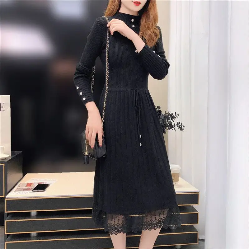 Elegant Stand Collar Spliced Bandage Lace Midi Dress Women\'s Clothing Autumn Winter Loose Knitted All-match Ladies Dresses