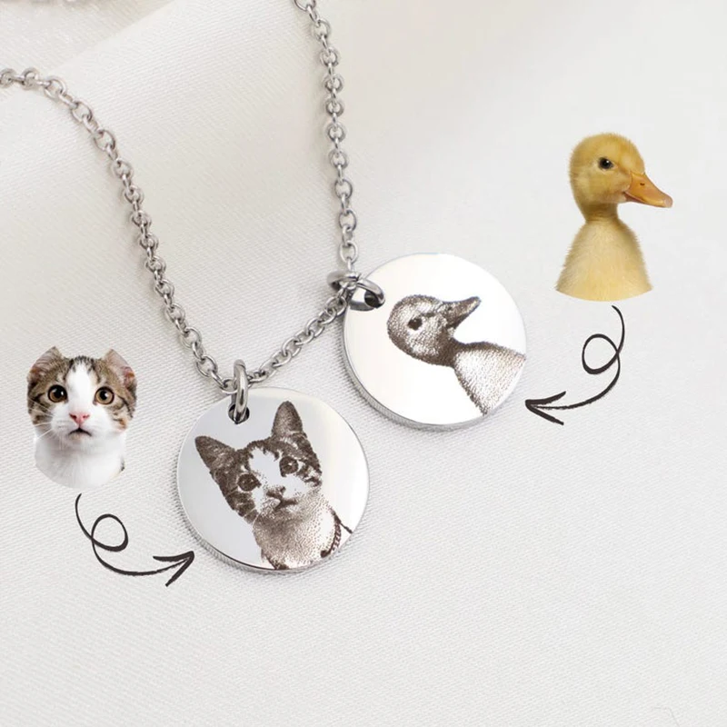 Customized Photo Necklace Stainless Steel Engraved Pet Photo Logo Fingerprint Handwriting Women Men Jewelry Memorial Custom Gift