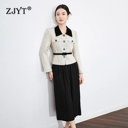 ZJYT Autumn Winter Tweed Woolen Jacket Pleated Skirt 2 Piece Clothing Sets Elegant Office Lady Party Outfit Fashion Suits Black