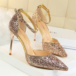 New Summer Women Pointed Toe 7.5cm 9.5cm High Heels Bling Sandals Wedding Bridal Gold Silver Sparkly Sequins Single Shoes