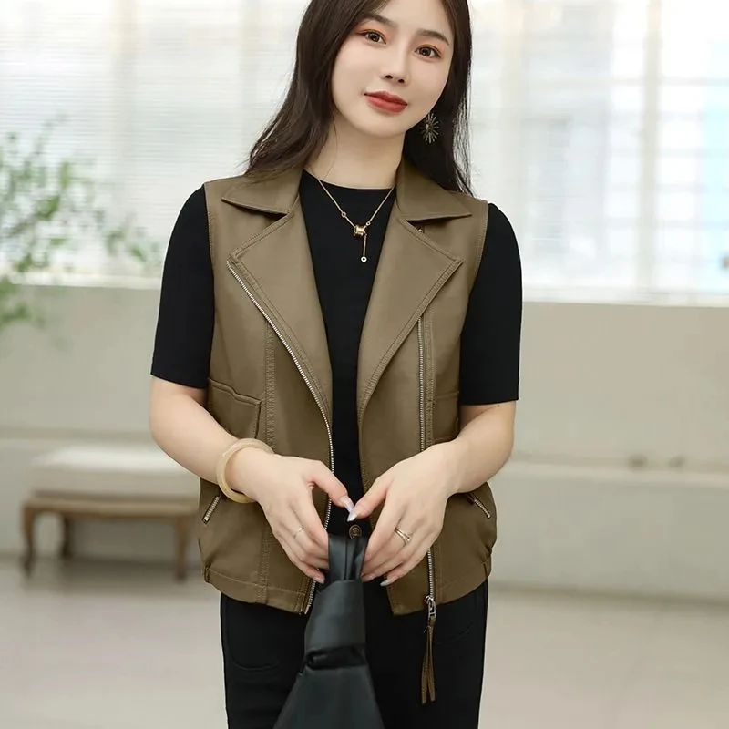 

Women's Short Leather Vest Waistcoat 2024 Spring Autumn New locomotive Jacket Korean Version Casual Washed PU Leather Coat