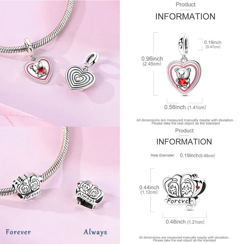 925 Sterling Silber Liebesherz Paar Familie Rose Motorrad Charm-Perlen DIY Armband Halskette Jubiläumsgeschenk für Frauen – Detail 4