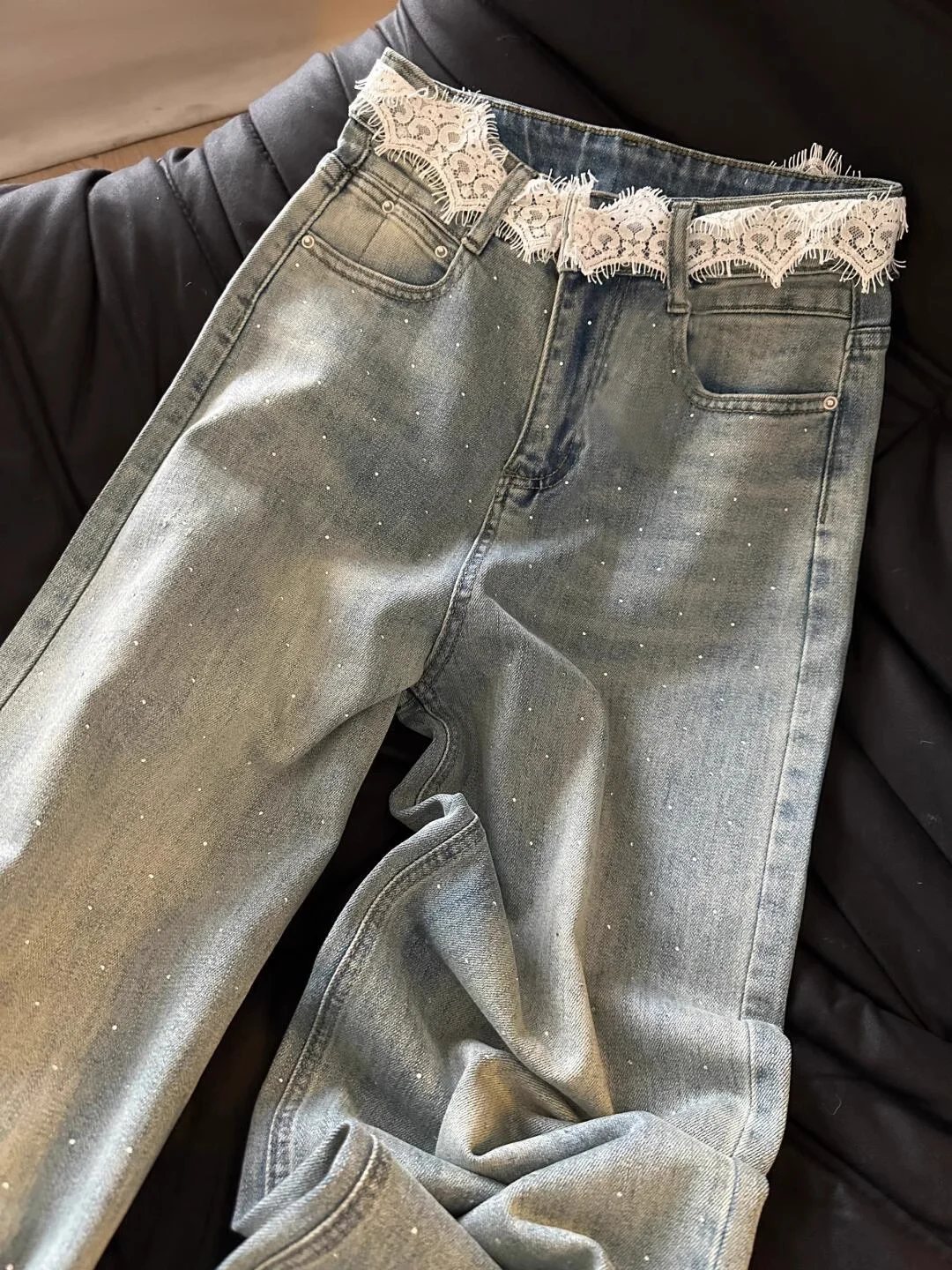 Retro renda emenda strass calças jeans femininas primavera outono cintura alta perna larga jeans coreano versátil solto calças retas