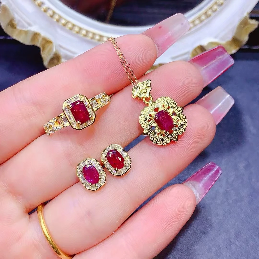 KJJEAXCMY Natural Ruby Women's Necklace Earring Ring Set S925 Silver Electroplating Process Inlaid High Clarity Gem Support Test