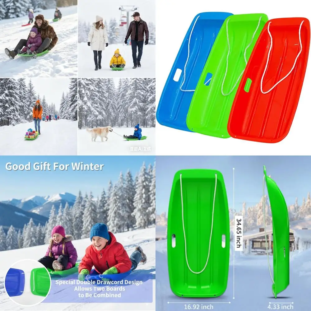 Durable 2-Person Snow Sled with Reinforced Plastic, Wide-Body Design for High Weight Capacity and Pull Rope