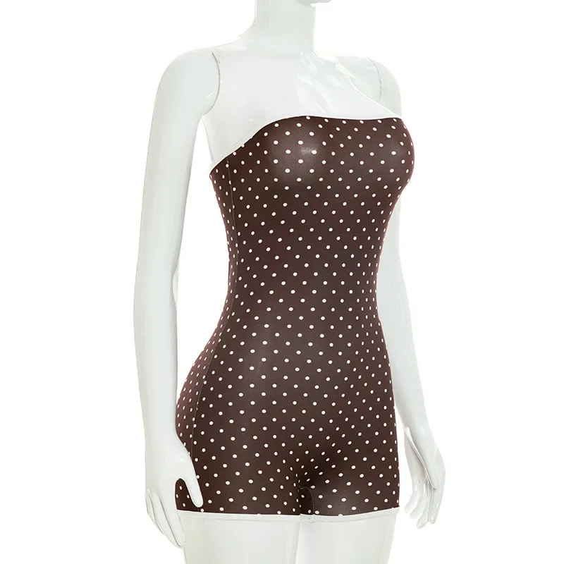 New polka dot print contrasting color strapless tight jumpsuit women
