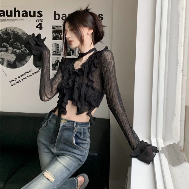 Sexy Gothic Women Lace Blouses Y2K Crop Top Elegant Black Shirt Slim Transparent Cardigan Grungefemale Korean Streetwear Top