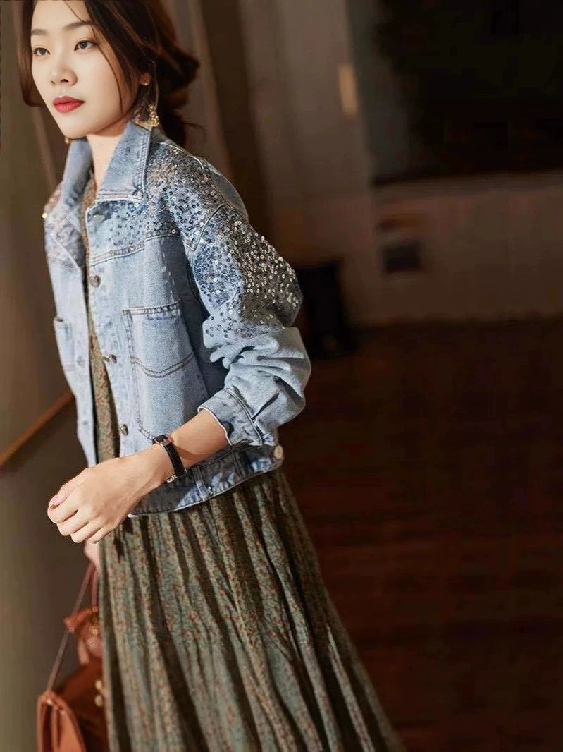 Fashion Sequin Denim Jacket For Women 2025 New Short Loose Slim Denim Coat Tops Sping Autumn Women Heavy Industry Denim Jacket - Image 2