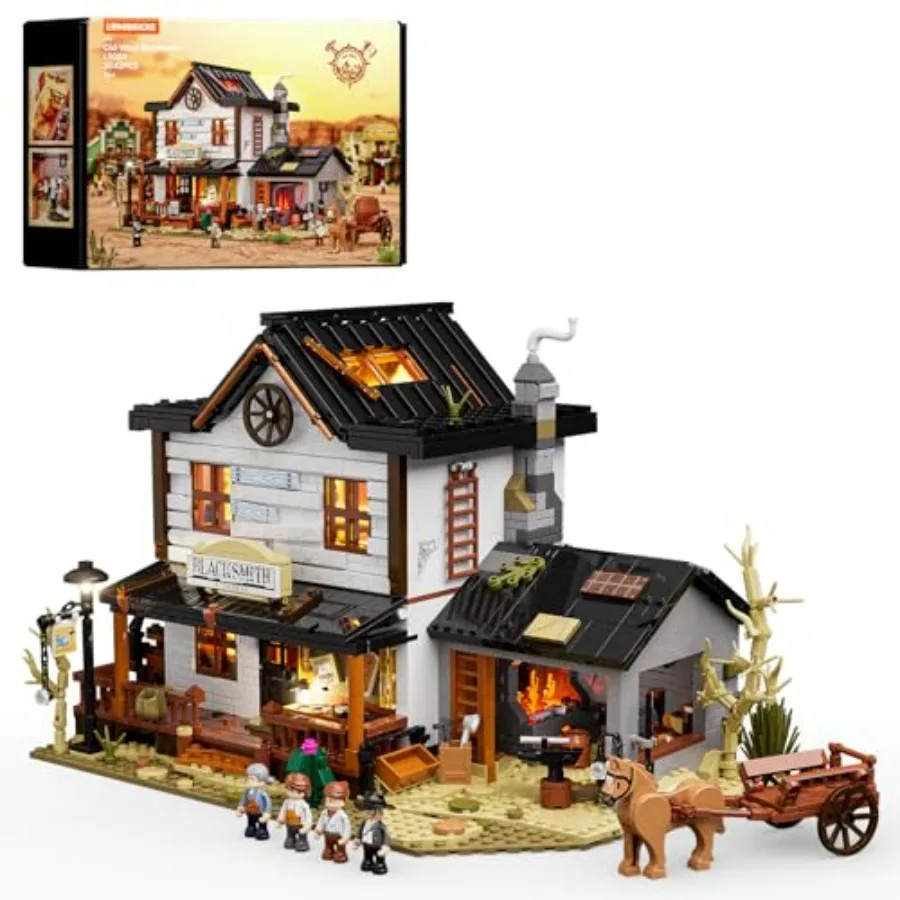 

Набор строительных блоков Wild West Blacksmith Lighting Building-Bricks - Коллекционный демонстрационный набор «Дом-ковельнярня в стиле Вестерн» из 2042 деталей, черный, для любителей Вестерна
