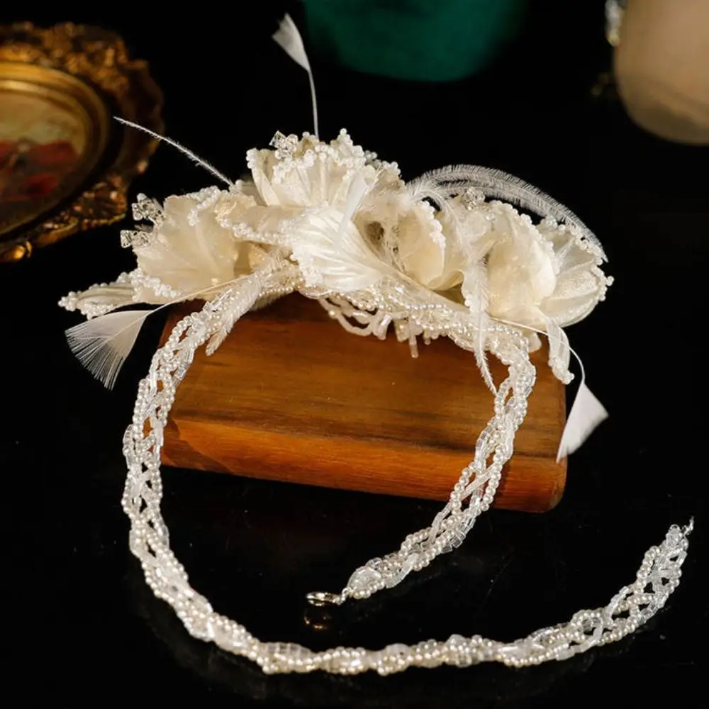 Fada requintado nupcial headbands pena pérolas noiva headdress flor luxo casamento headwear