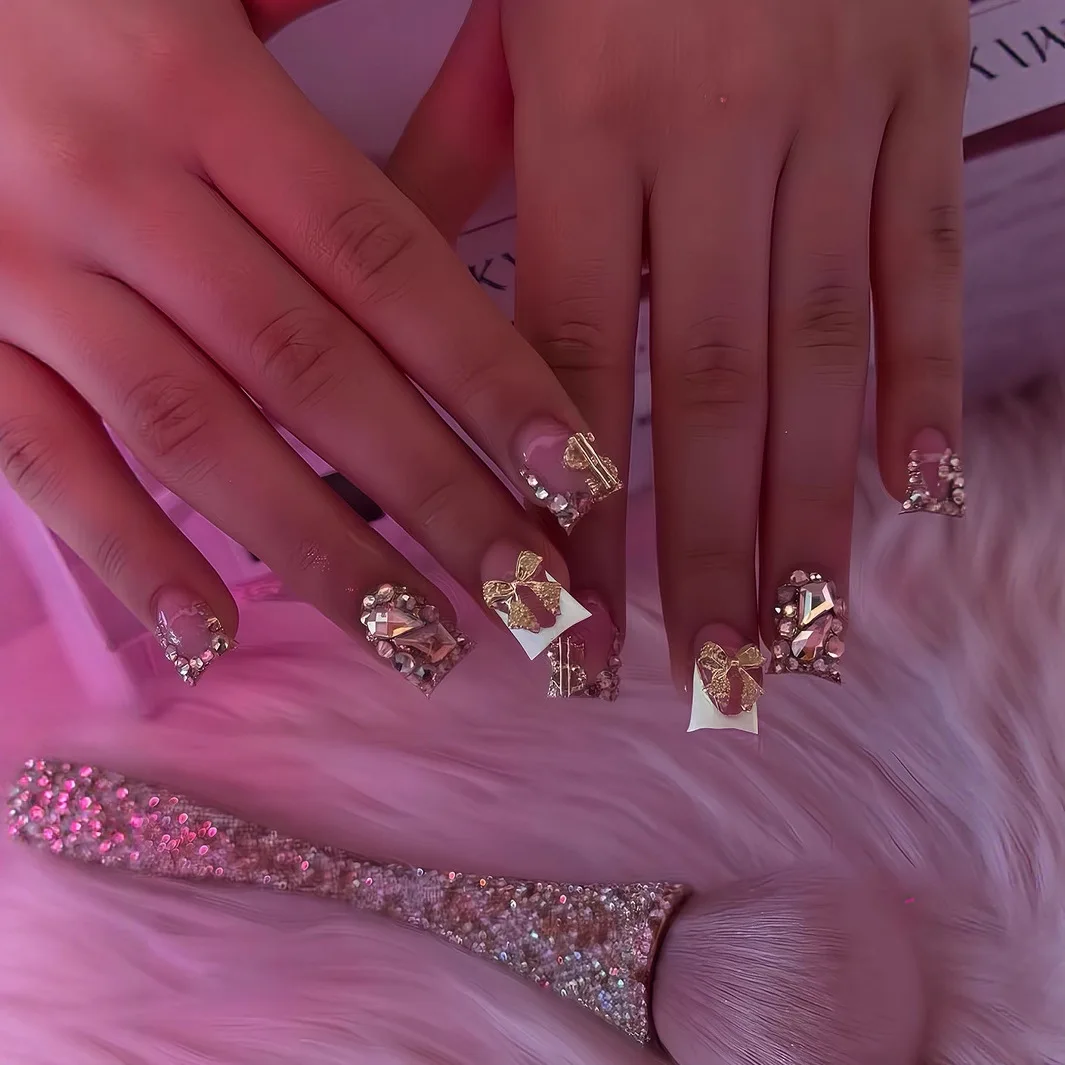 24 قطعة زهرة الصحافة على الأظافر الوردي منتصف طول مربع وهمية مسمار ليوبارد طباعة الفرنسية الأظافر كاذبة مع حجر الراين الباليه مانيكير #4