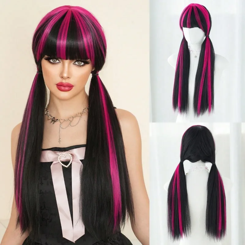 

Vampire Cosplay Black Pink Wig Anime Long Straight Synthetic Wig Gothic Lolita Hair Women Girl Music Festival Party Halloween