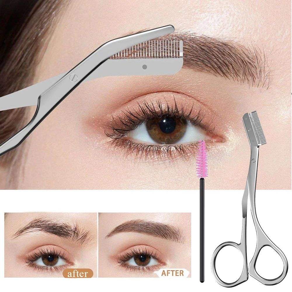 

New 2pcs/set Safe Stainless Steel Eyebrow Trimme Eyebrow Scissors With Comb Hair Removal Shaver Cutter Durable Makeup Tool