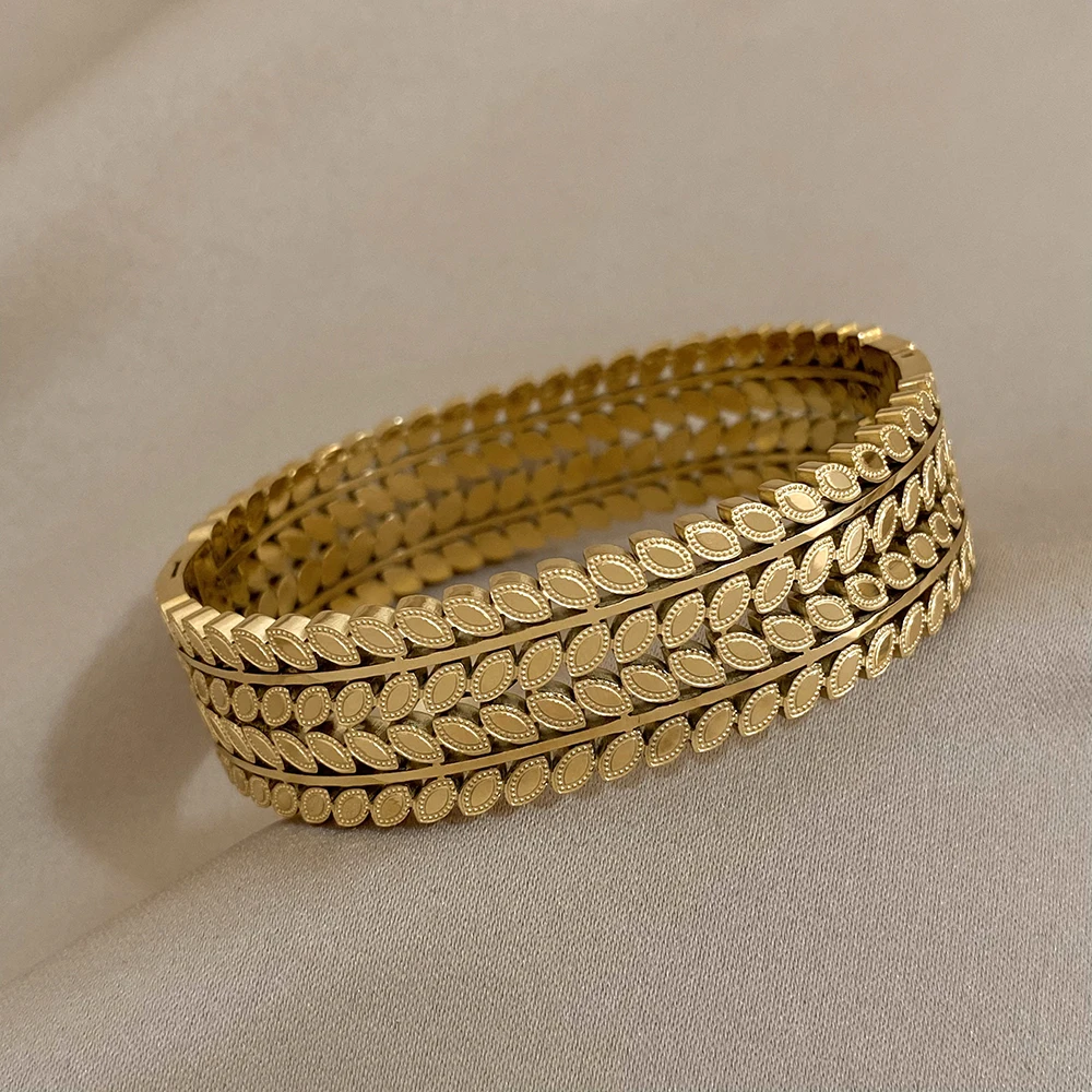 Greatera Chunky Layered Leaf Stainless Steel Bangles Bracelet for Women Gold Plated Wheat Wide Cuff Bracelet Waterproof Jewelry