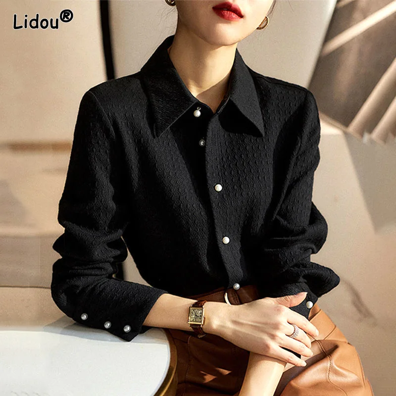 Autumn Winter Thin Solid Vintage Button Turn-down Collar Screw Thread Women's Clothing 2022 Temperament Simplicity Office Lady