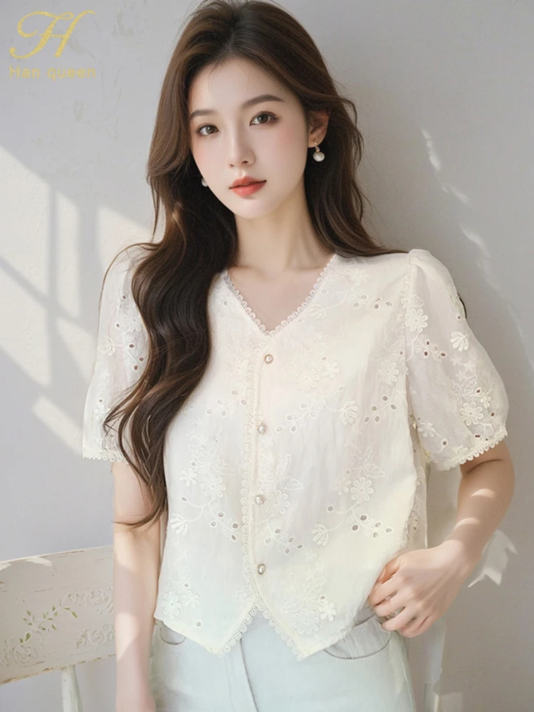 

Womens Vintage Work Casual Tops Chiffon Loose Elegant Blouses 2025 New Elegant Simple Basics V-neck Embroidery Shirt