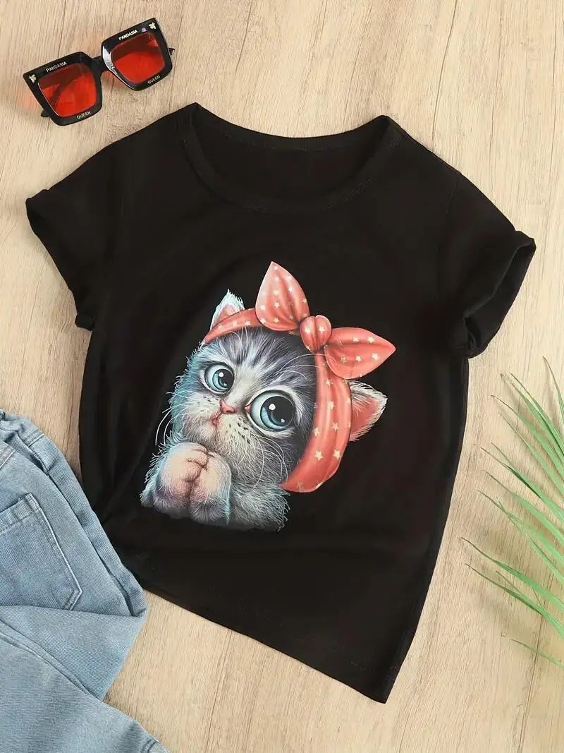 Girls Cat with Bow Print Short Sleeve T Shirt, Loose Crew Neck Tees, Kids Clothes Summer