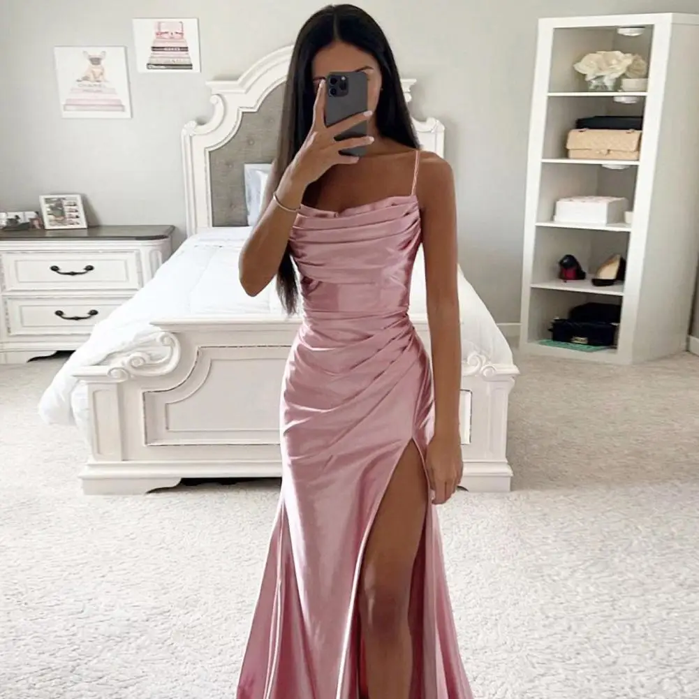 Lady Evening Dress Low-cut V Neck Spaghetti Strap Satin Pleated High Split Tight Waist Slim Fit Summer Prom Party Gown Vestidos