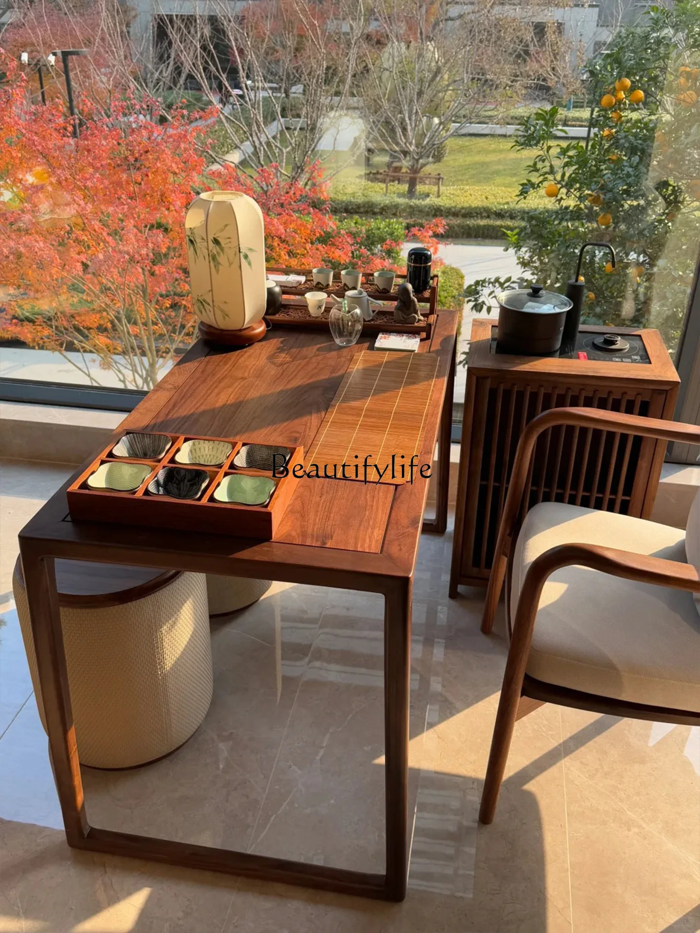 

North American black walnut balcony tea table light luxury new Chinese high-end simple modern tea table