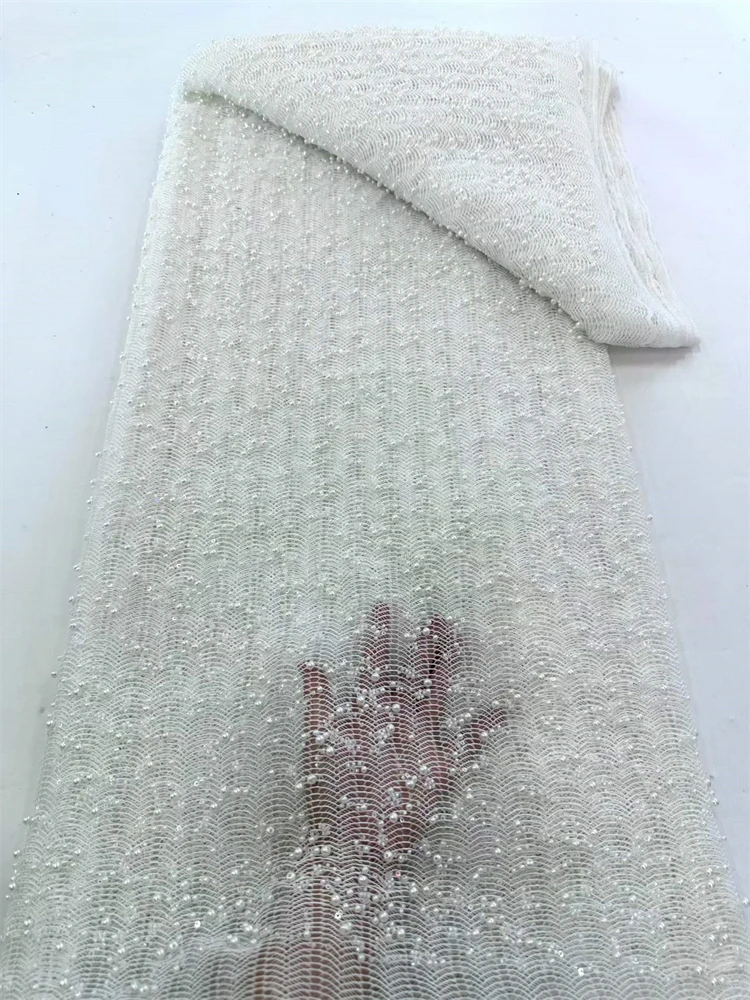 

African Groom Lace Fabric High Quality Lace Sequins Pearl Embroidery French Beaded Tulle Laces For Wedding Dresses Sewing