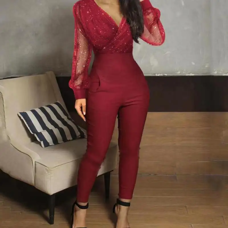 Women Sexy Jumpsuits Sequins Full Sleeved V Neck Lace Rompers Midi Waist Pants One Piece Overalls Solid Straight Trousers