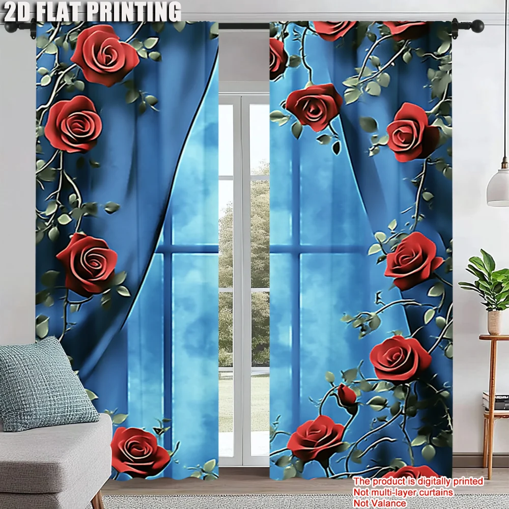 

2Pcs Red Rose Window Sill Print Curtains Suitable For Bedroom Living Room Kitchen Uv-Resistant Polyester Unique Design