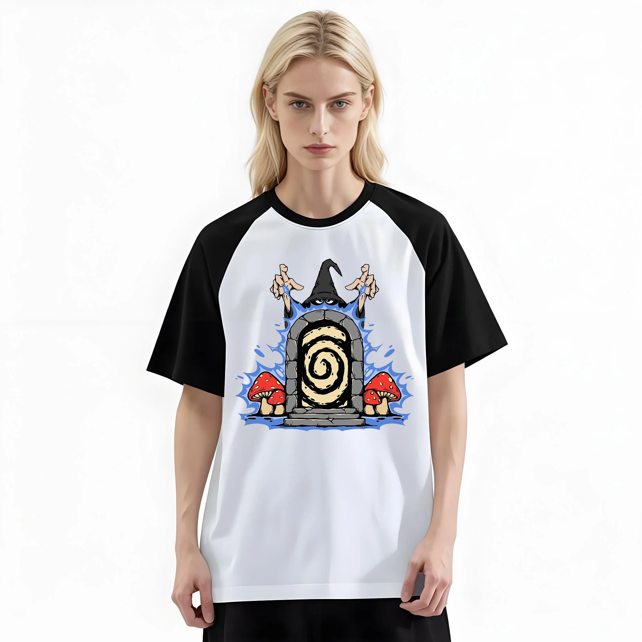 Women'S Fashion Raglan Sleeve T-Shirt, Magic Mushroom Witch Door Dark Cartoon Printed, Summer Casual Comfortable Tee, Women'S Everyday Short-Sleeve Top