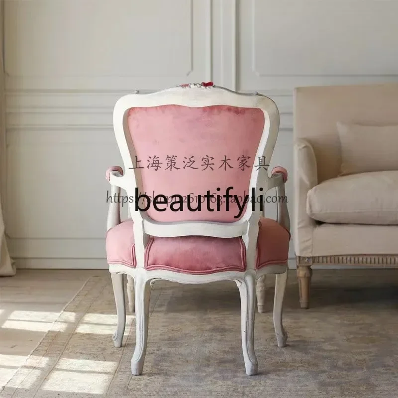 

Cy56 French white old sofa chair living room lazy leisure chair manicure back stool study solid wood
