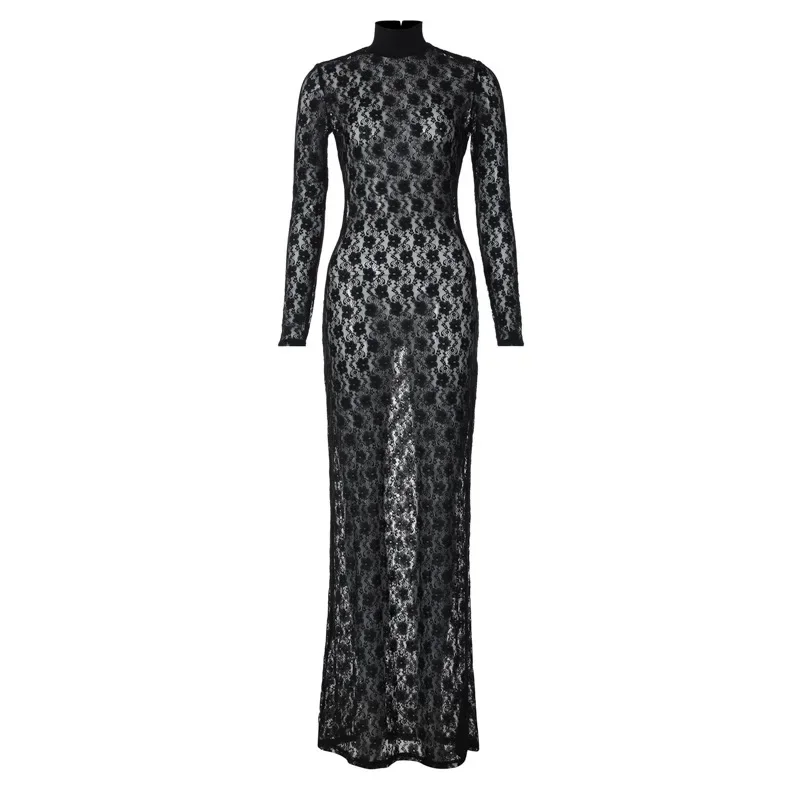 Autumn Sexy Lace See Through Bodycon Maxi Dresses for Women Elegant Turtleneck Long Sleeve Hollow Out Dresses Party Outfits 2023