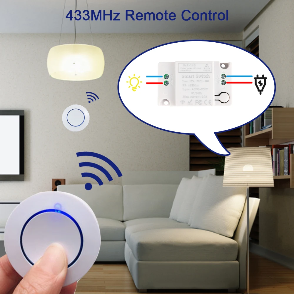 Wireless RF 433MHz Remote Control Switch AC 110V 220V 10A Relay Receiver and Round Button Transmitter for Light Lamp Fan ON OFF