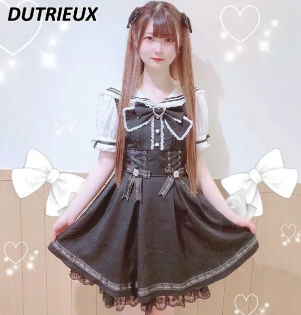 

Japanese Lolita Dress Cute Sailor Collar Lapel Strap Mine Girly Sweet Cute Short Sleeve Dresses Women Summer New Rojita Vestidos