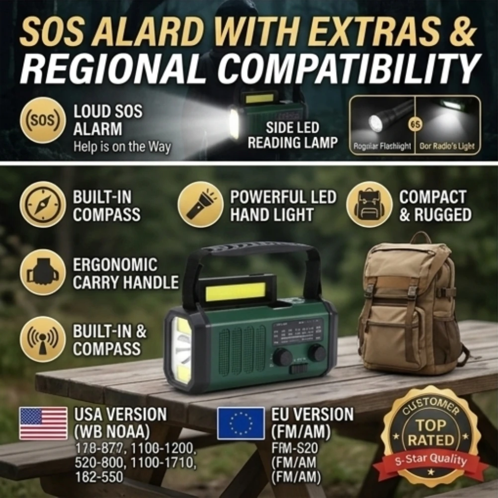 Portable Emergency Radio Solar Hand Crank Self-Powered AM FM WB NOAA Weather Radio with Reading Light Compass SOS for Survival