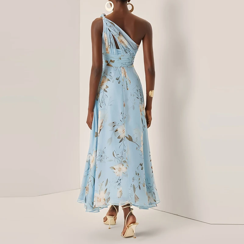 Damen-Midikleid aus Chiffon mit Blumenmuster, One-Shoulder-Design, plissiert, gerafft, hohe Taille, A-Linie, Sommerkleid für Strand und Urlaub