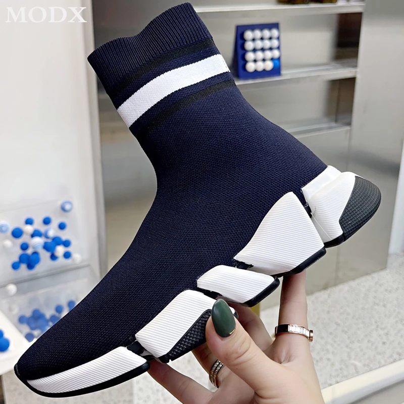 Stretch Fabric High-top Sock Shoes Men New Thick Sole Platform All-match Sneakers Women Slim Slip-on Brand Flats Sports Shoes