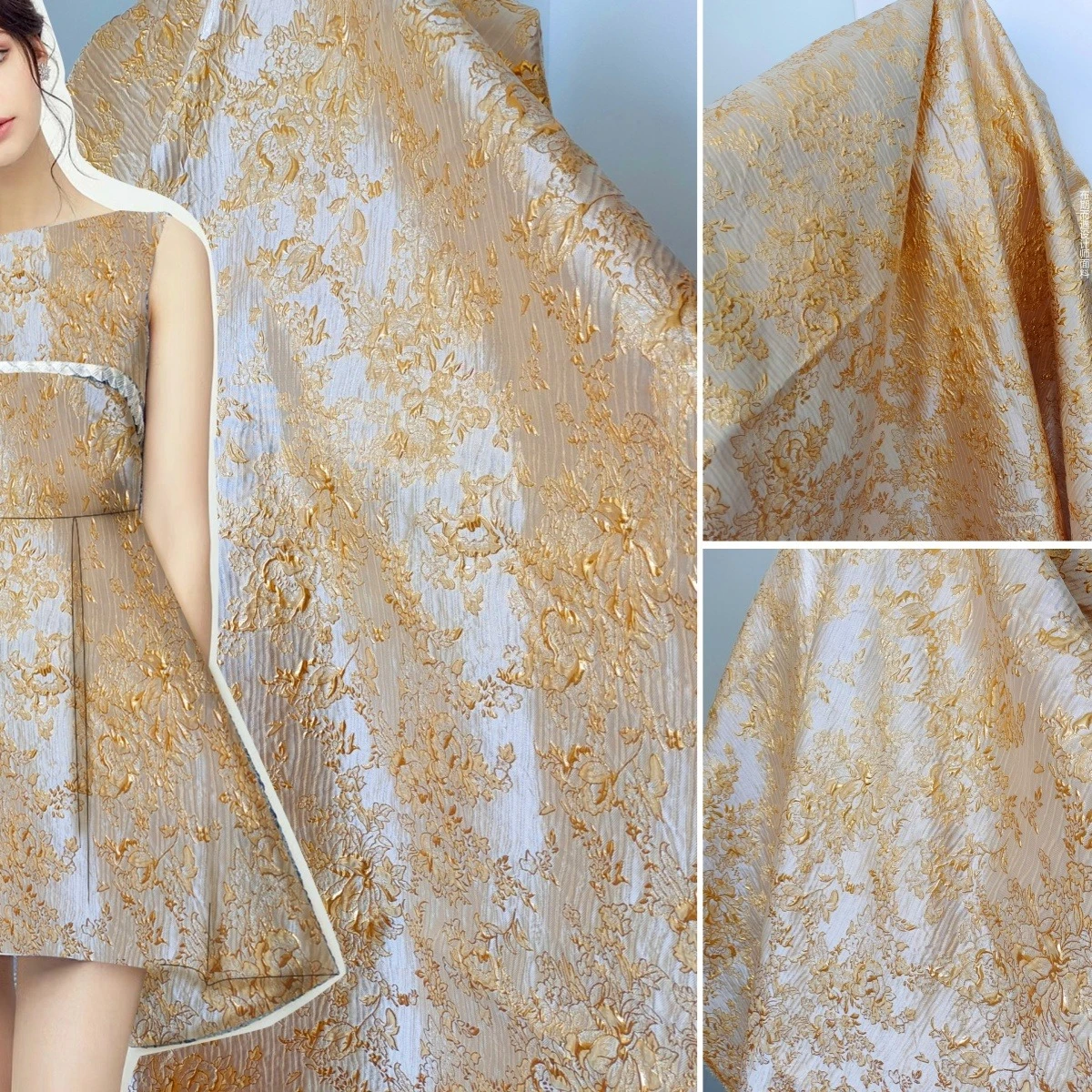 

Золотая 3D жаккардовая ткань, морщинистая металлическая парча для элегантных платьев, роскошный дизайн, текстурированная морщинистая для вечерних платьев