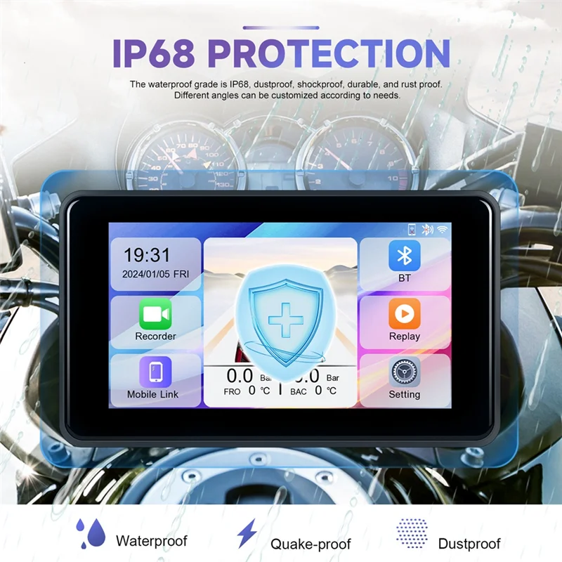 A20F-5 بوصة المحمولة دراجة نارية DVR داش كام Carplay أندرويد السيارات IP68 مقاوم للماء الجبهة كاميرا خلفية بلوتوث