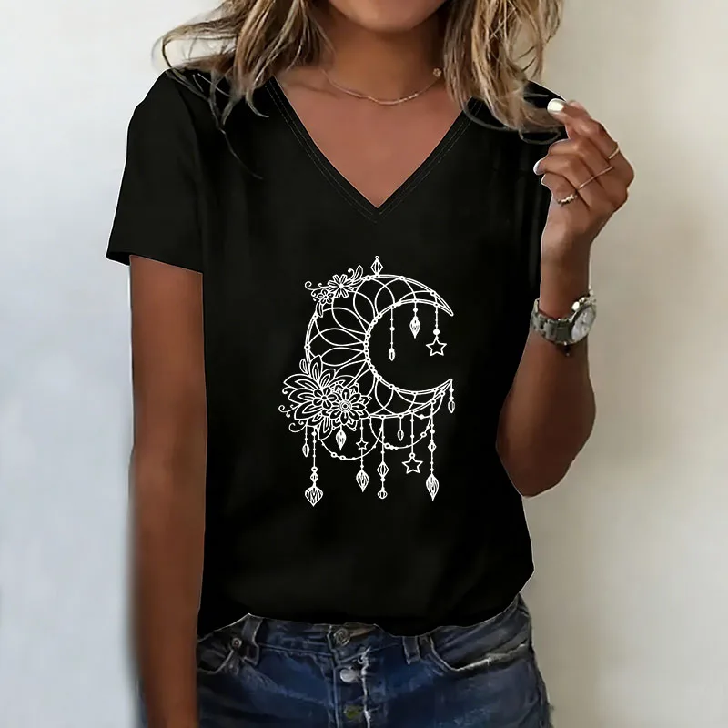 Harajuku Star T-Shirt V-Ausschnitt Lässige Mode Y2k Grafik T-Shirts Damen Kurzarm Tee Shirt V-Ausschnitt Sommer Frühling