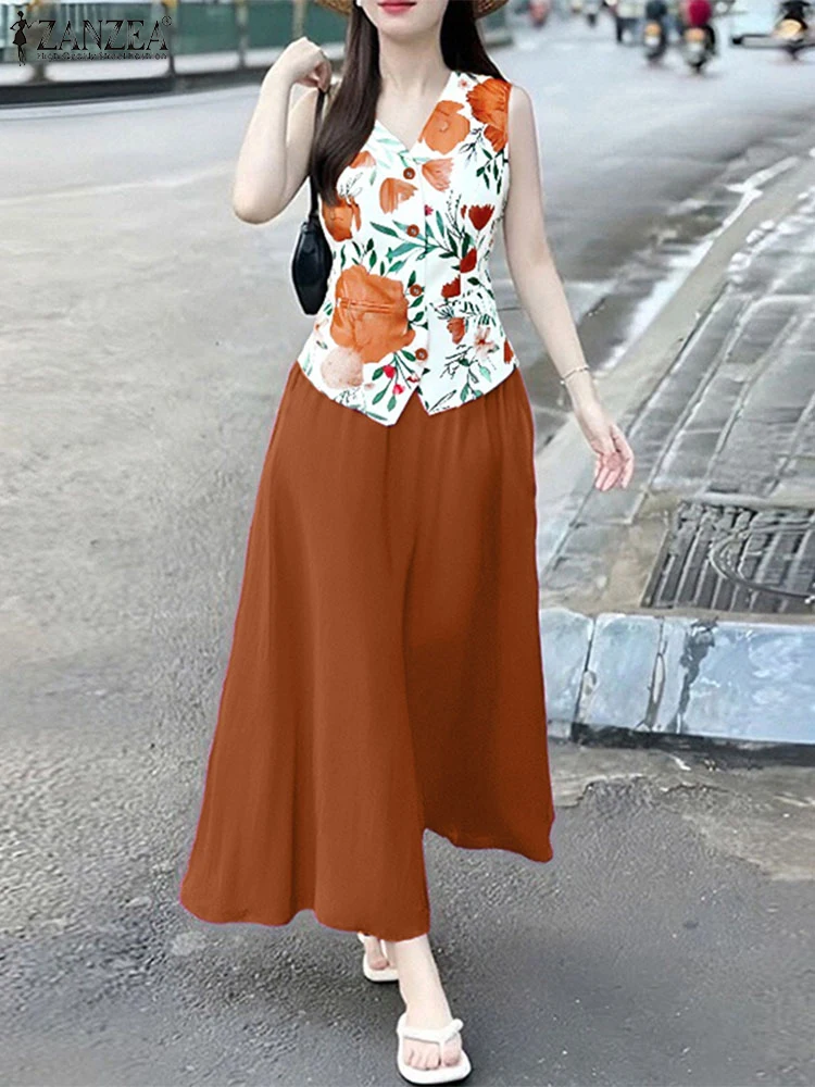 

ZANZEA элегантные женские комплекты платьев оверсайз, комплект из двух предметов с винтажным принтом, лето 2025 года, топы без рукавов с v-образным вырезом, костюм макси-юбки, 2 шт.