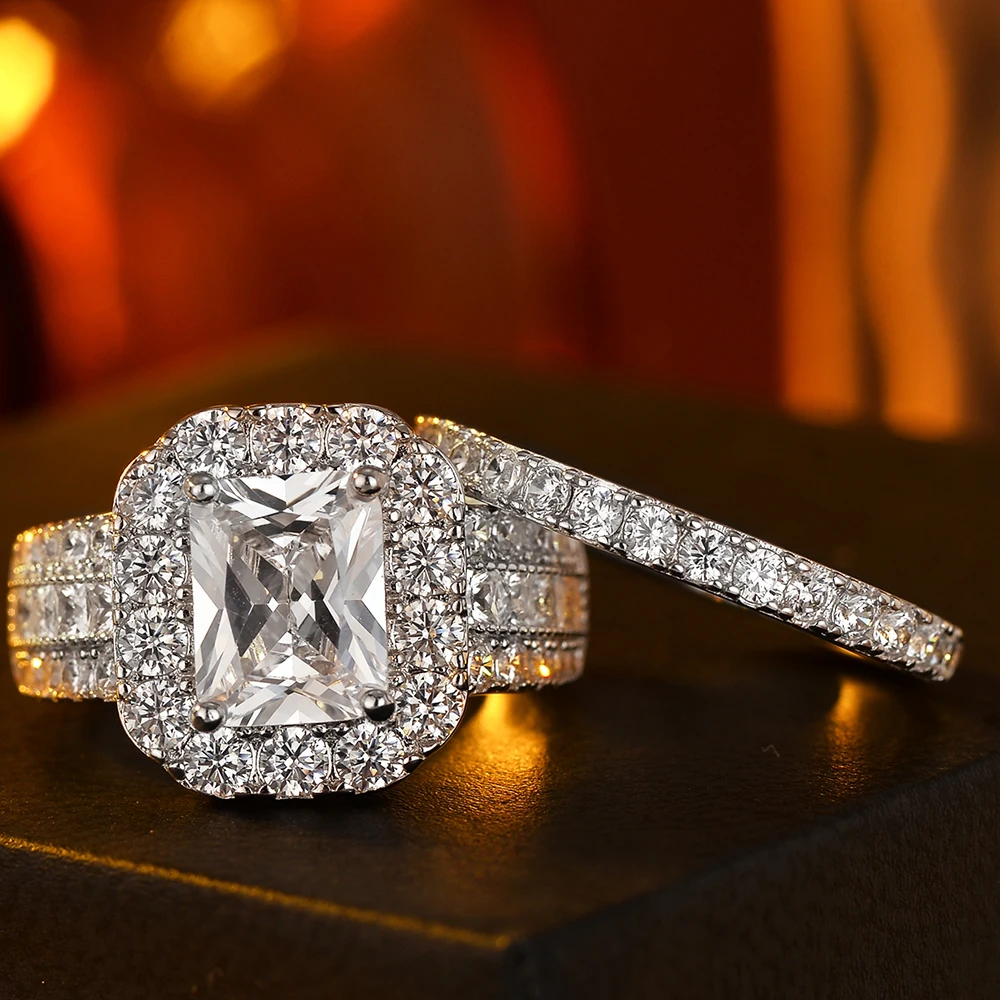 

Женское кольцо из стерлингового серебра, роскошный квадратный дизайн принцессы, двухцветный комплект, штабелируемый или одиночный вариант, полностью покрытый кубическим цирконием 5А