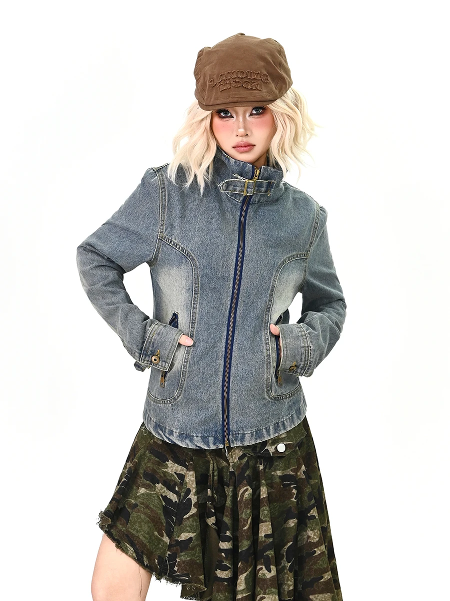 

Новинка! Женская джинсовая куртка Waable Workwear с воротником-стойкой, приталенная, в стиле ретро, весенняя, повседневная, модная верхняя одежда