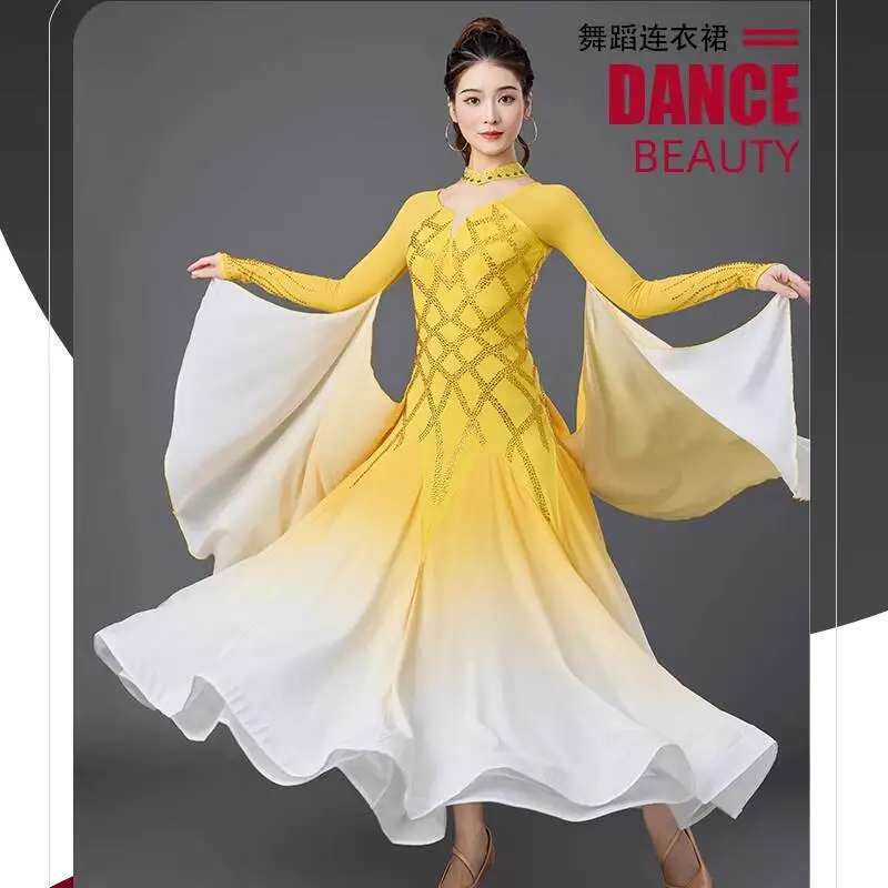 高度なモダンダンスドレス女性のための新しい社交ラテンダンス社交ダンススクエアダンスフレアドレスパフォーマンス衣装