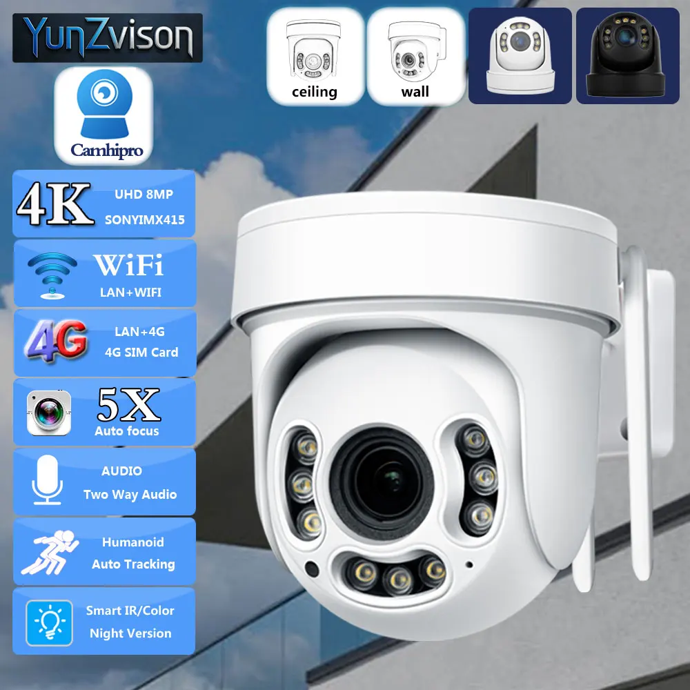 IMX415 4K 8MP Wireless 3G 4G SIM Card Security Video PTZ Dome Wifi Camera 5X Zoom 2-Way Audio Auto Tracking IR&Color LED