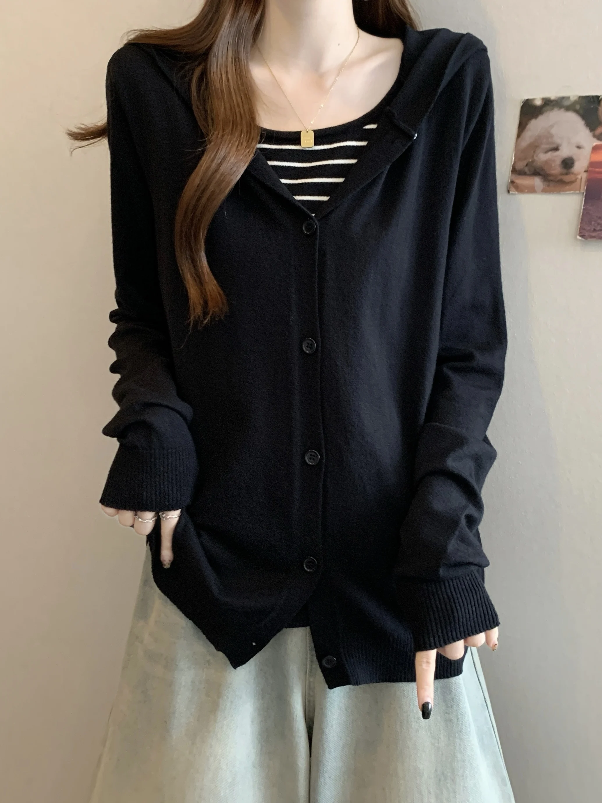 

plus Size Knitted Long Sleeve Hoodie Striped Patchwork Slimming Bottoming Shirt Women's Fashion Korean Style High Waist A-Lin...