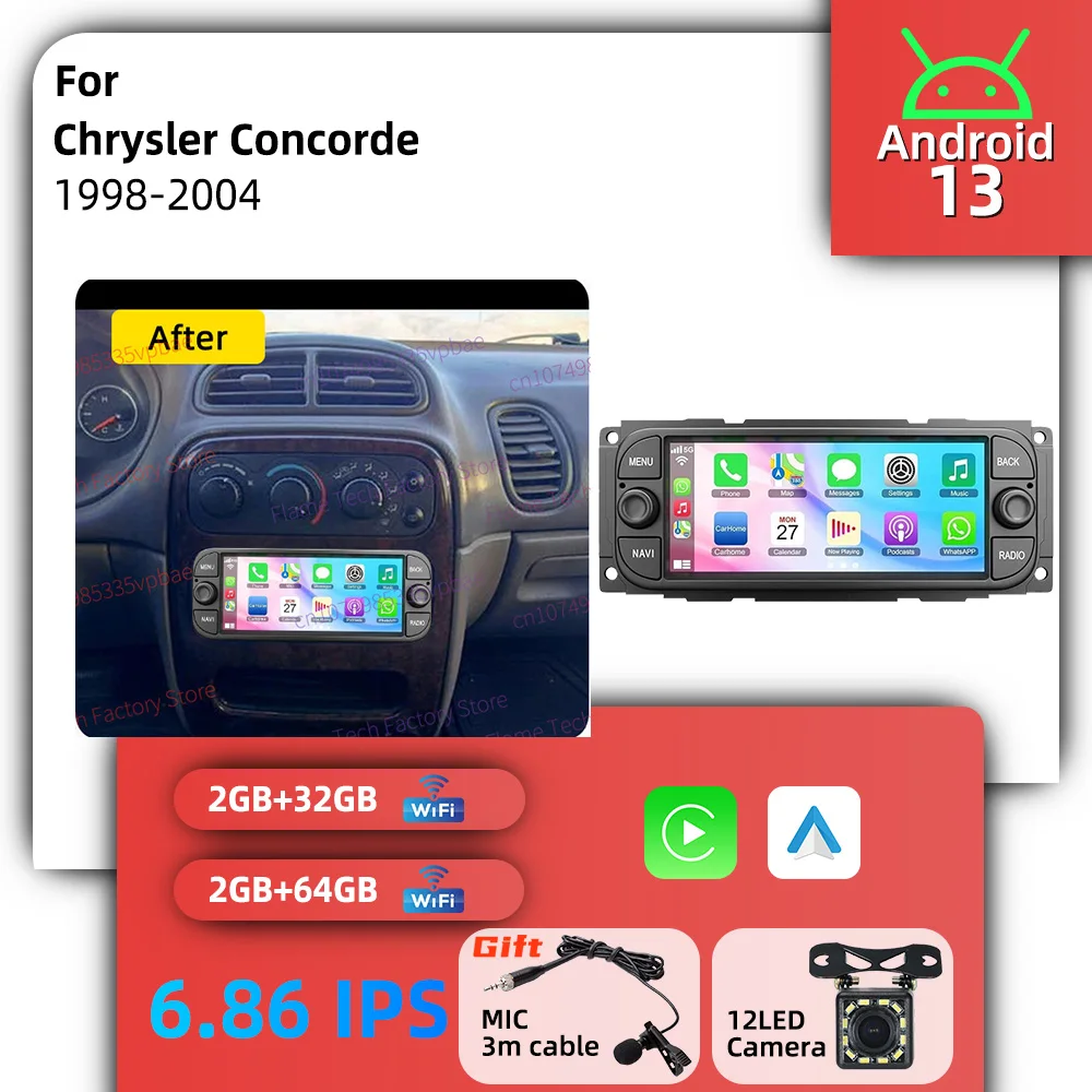 Autoradio 1 Din con Android 13 para Chrysler Concorde 1998-2004, Pantalla de 6.86 Pulgadas, Carplay Inalámbrico, GPS, Unidad Principal Estéreo
