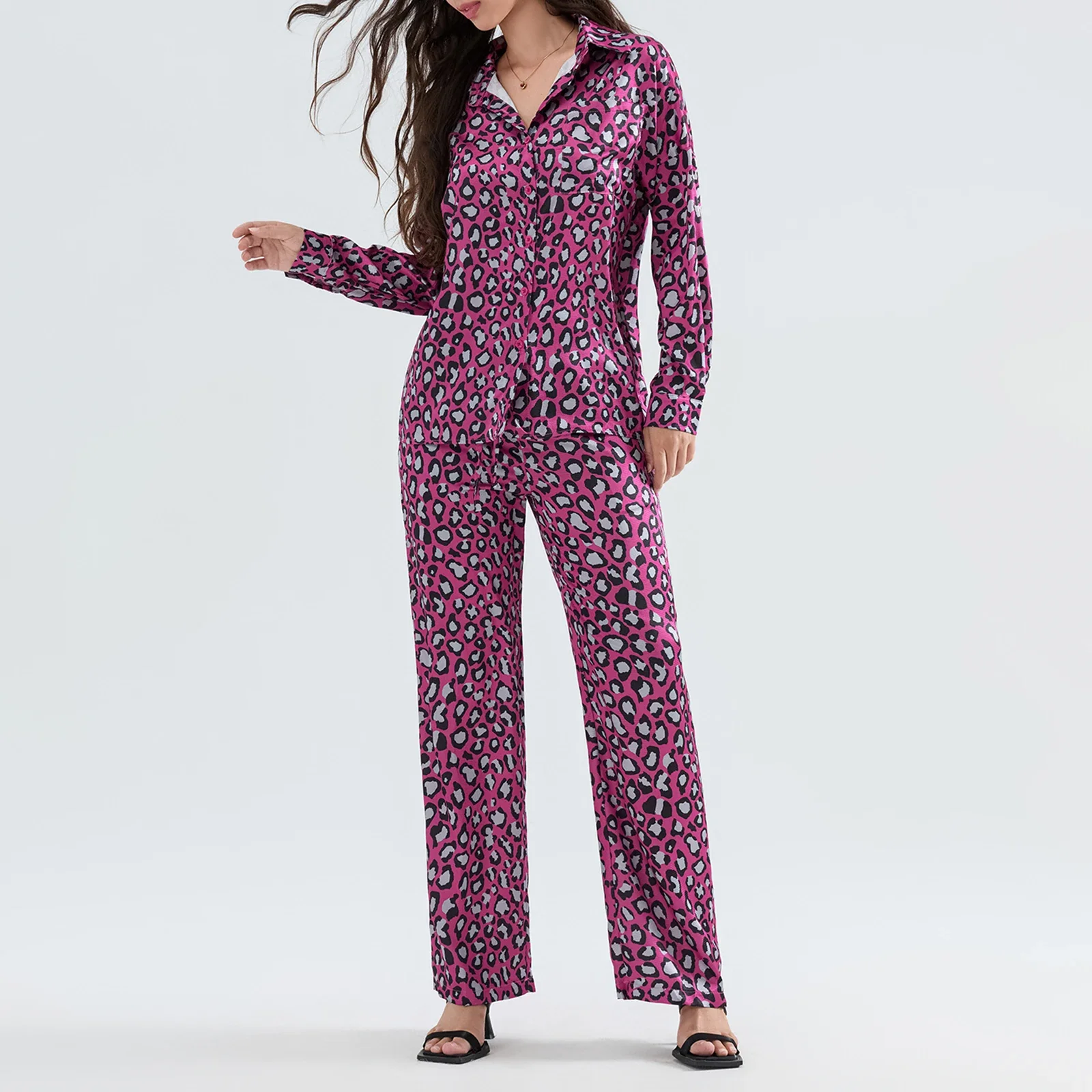 Hirigin-Conjunto de pijama con estampado de leopardo para mujer, ropa de dormir de manga larga con botones, pantalones, y2k, 2024