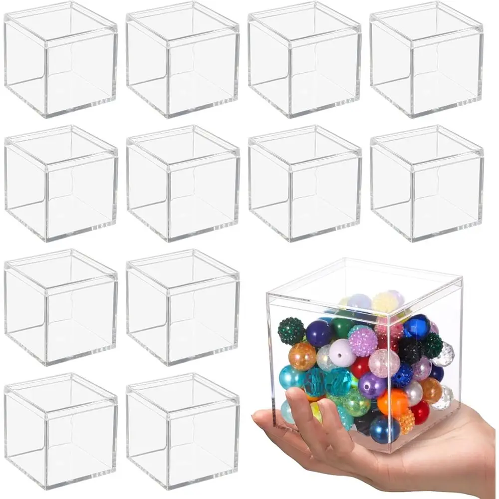 

Set of 12 Clear Acrylic 4-Inch Square Cubes with Lids, Ideal for Displaying Small Items like Jewelry and Candy