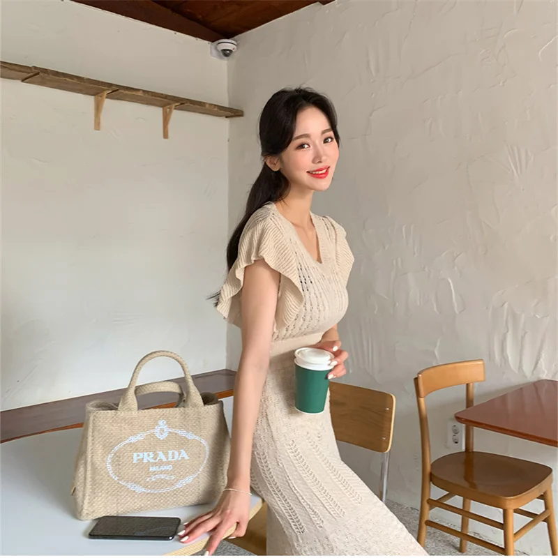 Women\'s Summer Knitted Long Slim Vintage Dress V Neck Ruffles Sleeve Elastic High Waist Pullover Midi Sundress 2023